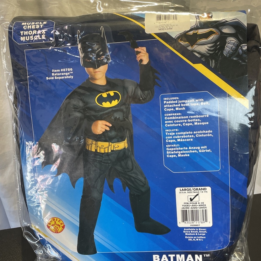 DC Comic Batman Costume Kids L 12-14 Padded Jumpsuit Belt Cape Mask Halloween